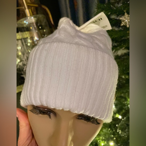 Coach White Knit Beanie with Gold Logo - Picture 3 of 16